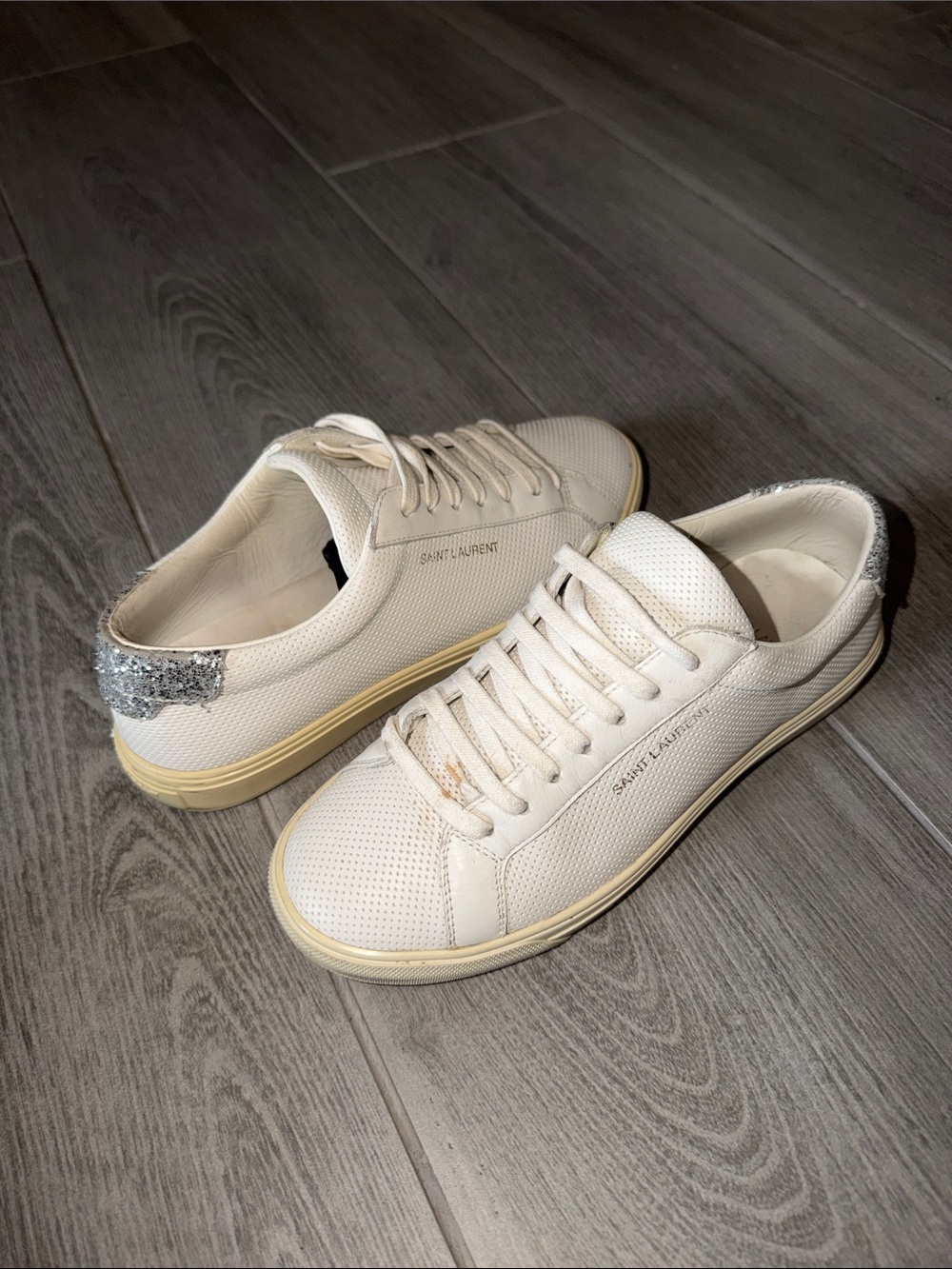 Saint Laurent Off-White Perforated Leather Sneakers with Silver Glitter Heel